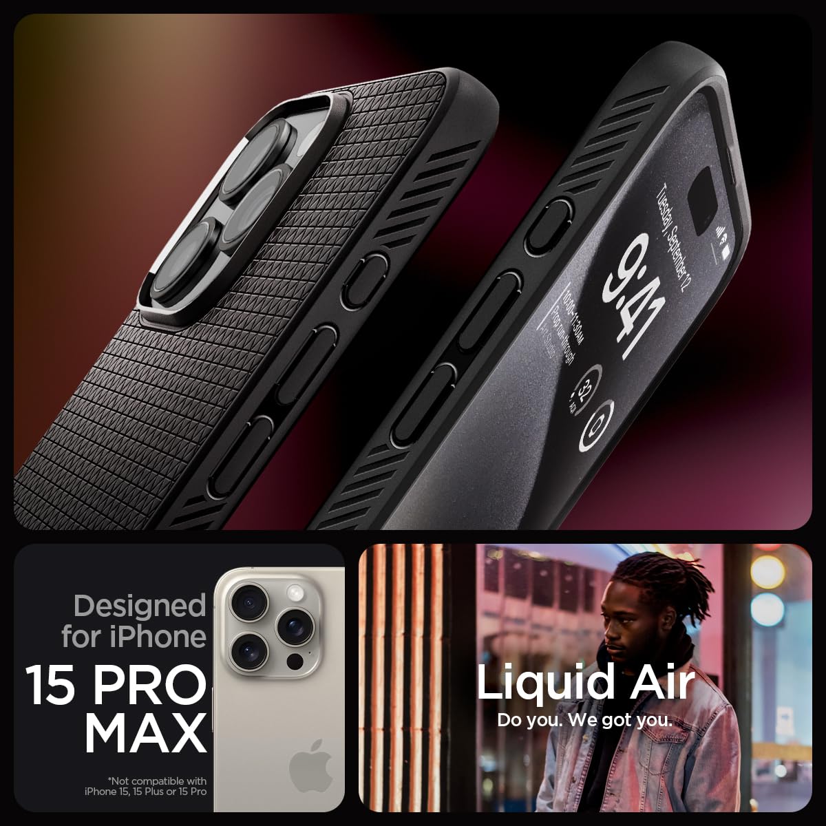 Liquid Air Back Cover Case for iPhone 15 Pro Max, Durable Protection, Air Cushion Technology - TPU | Matte Black